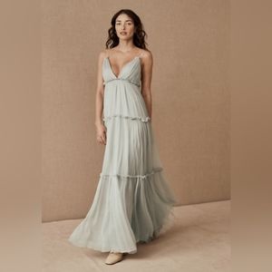 NWT BHLDN Amandine spaghetti strap v neck ruffle maxi dress mint aqua size 8